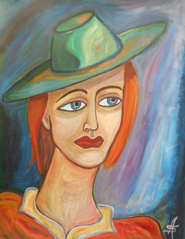 Femme rousse au chapeau vert